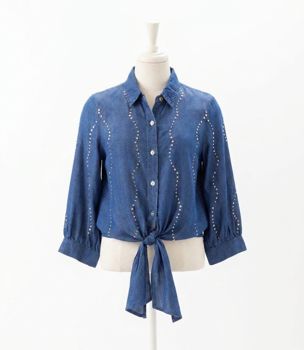 NEW KAREN KANE blouson sleeve gemstone denim shirt in chambray